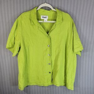 flax linen button front top lime green 1X short sleeve lagenlook shell buttons